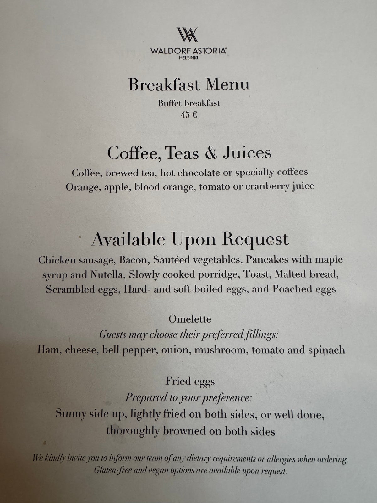 Waldorf Astoria Helsinki breakfast menu