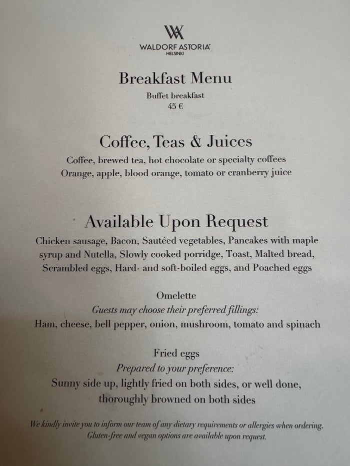 Waldorf Astoria Helsinki breakfast menu Waldorf Astoria Helsinki breakfast menu