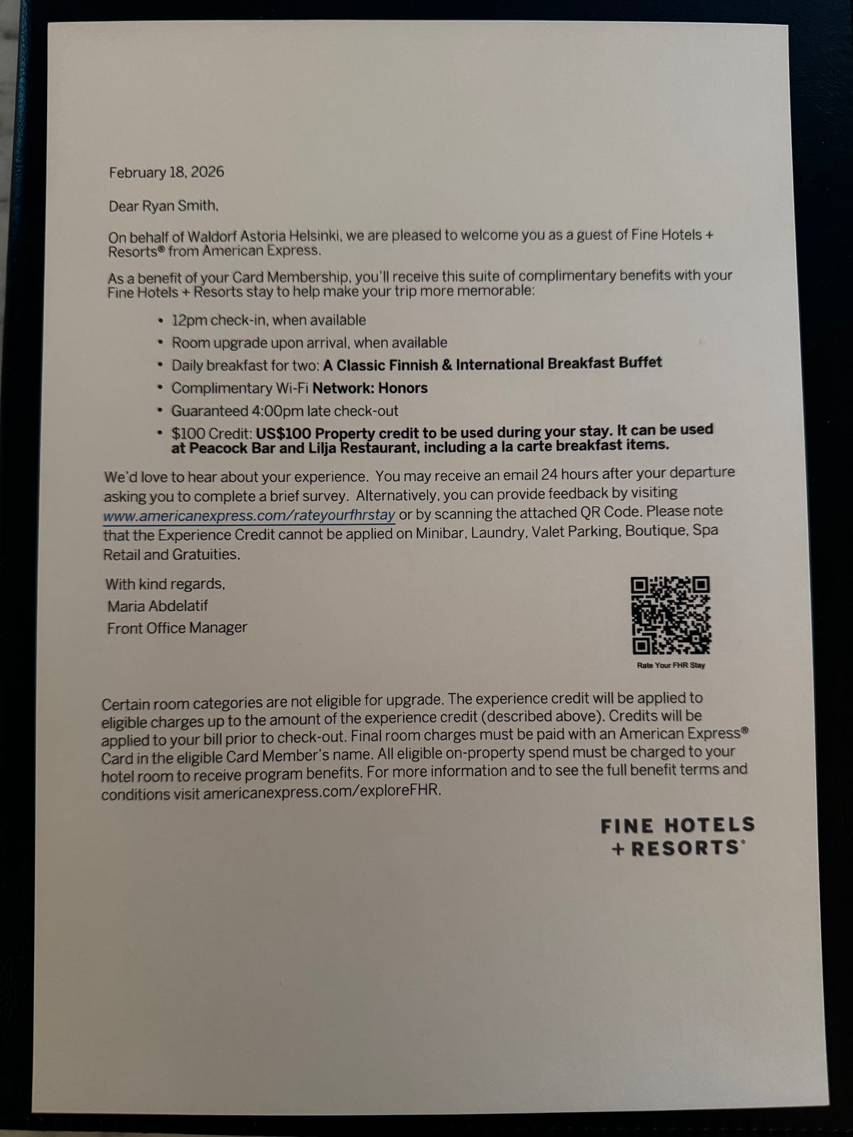 Waldorf Astoria Helsinki welcome letter