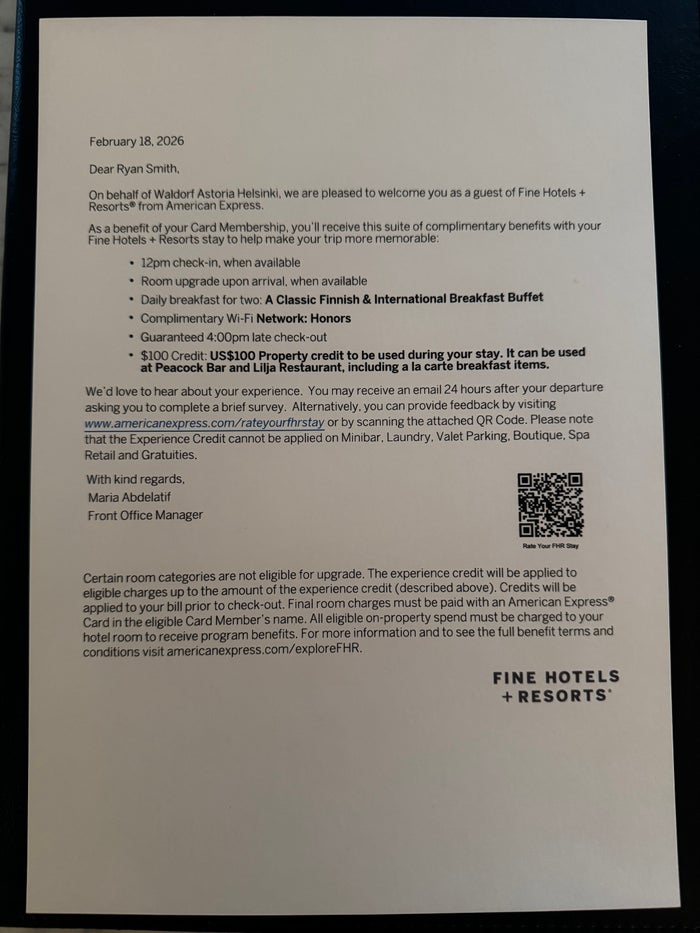 Waldorf Astoria Helsinki welcome letter Waldorf Astoria Helsinki welcome letter