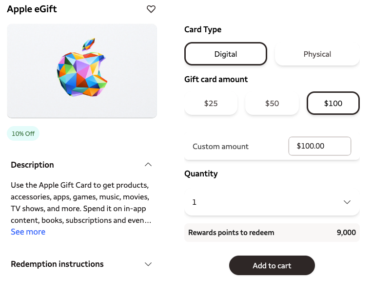 Wells Fargo Rewards redemption Apple gift card 10 discount