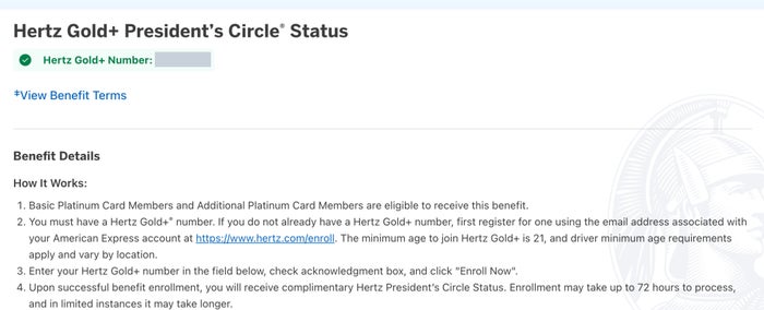 hertz presidents circle enrollment amex platinum screenshot