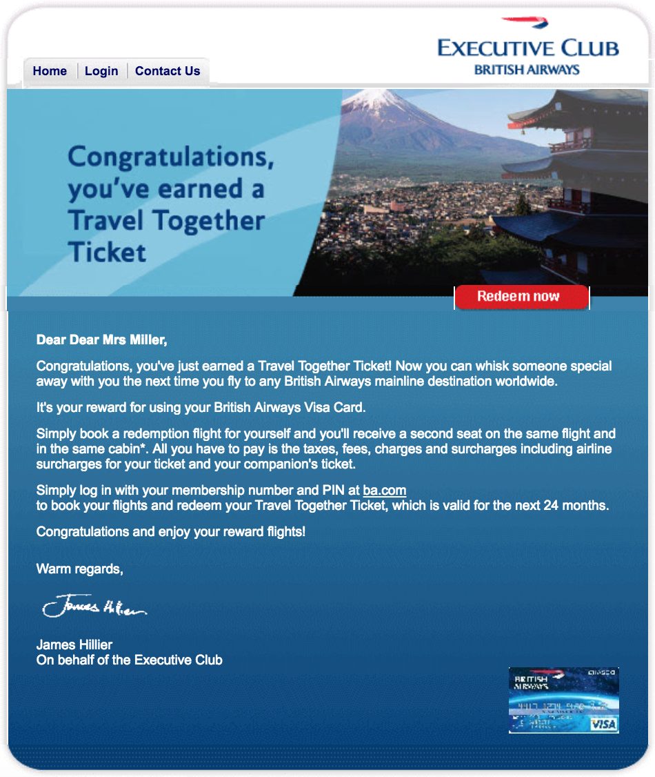 British Airways Travel Together Ticket Notification