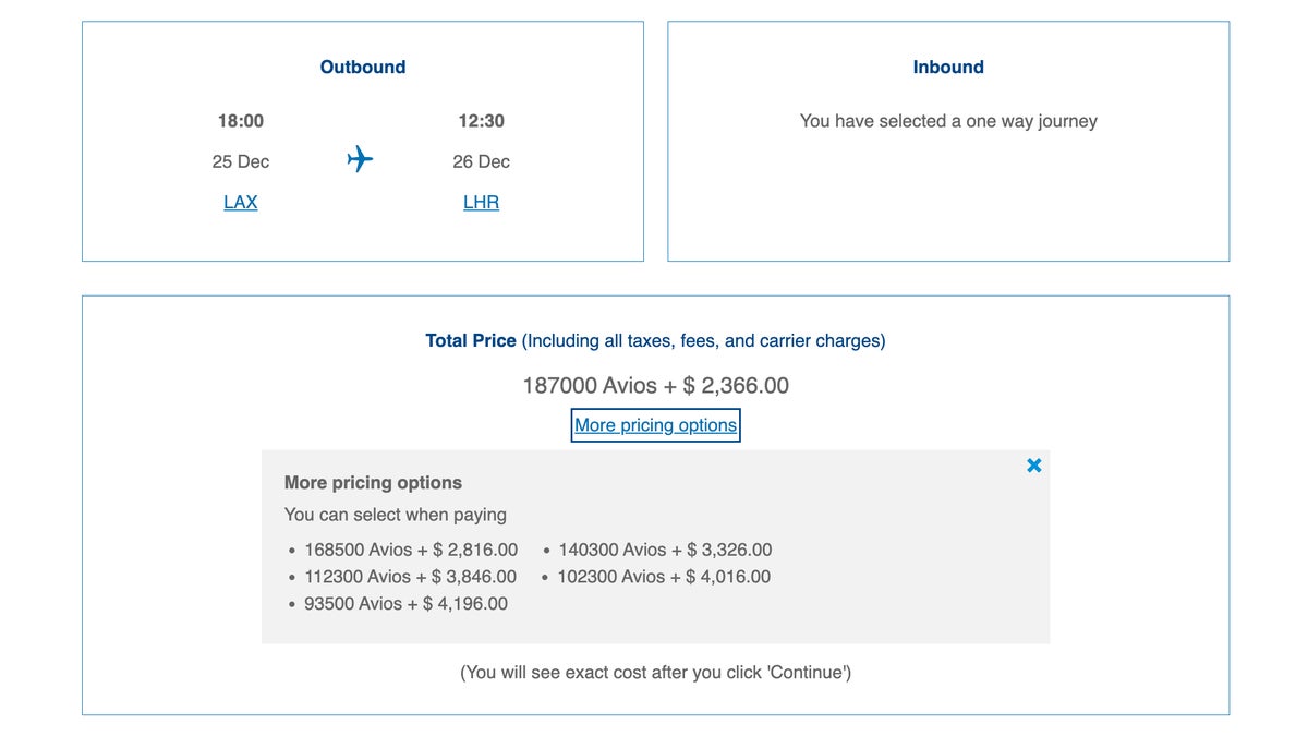 ba avios lax lhr first class pricing options