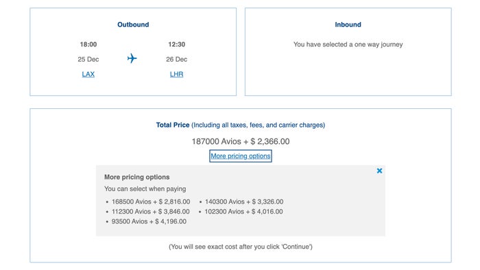 LAX LHR ba avios lax lhr first class pricing options