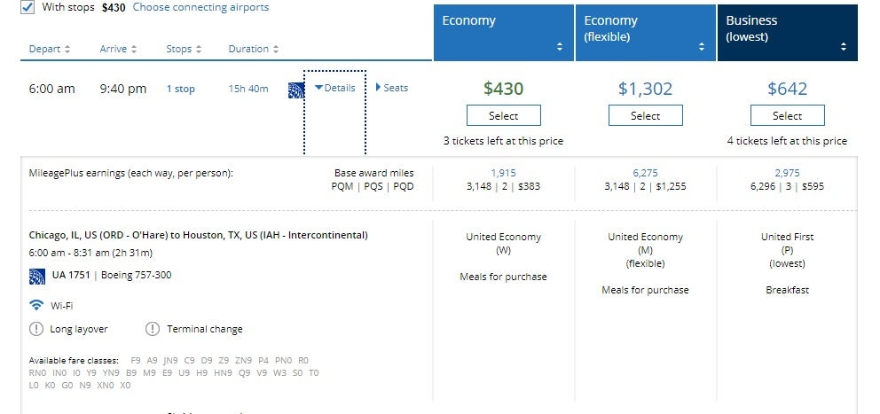 Discounted United business class fare example
