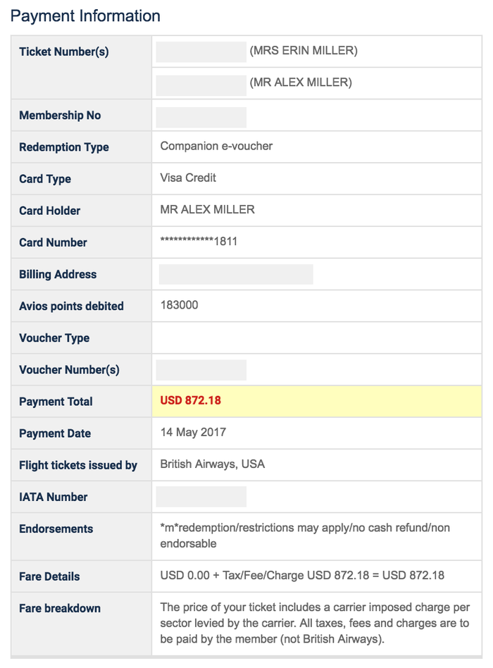 British Airways Confirmation of Payment, Travel Together Ticket