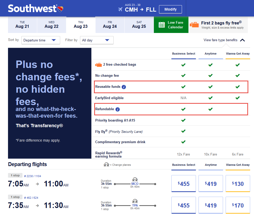 Difference in Southwest fare class