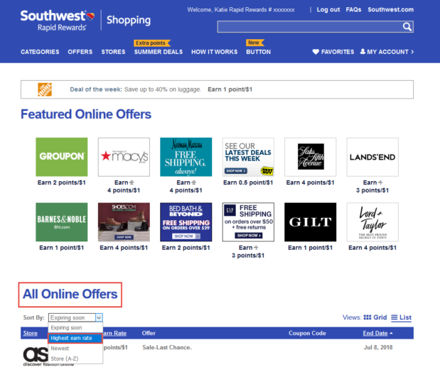 Rapid Rewards Shopping Portal Highest Earn Rate