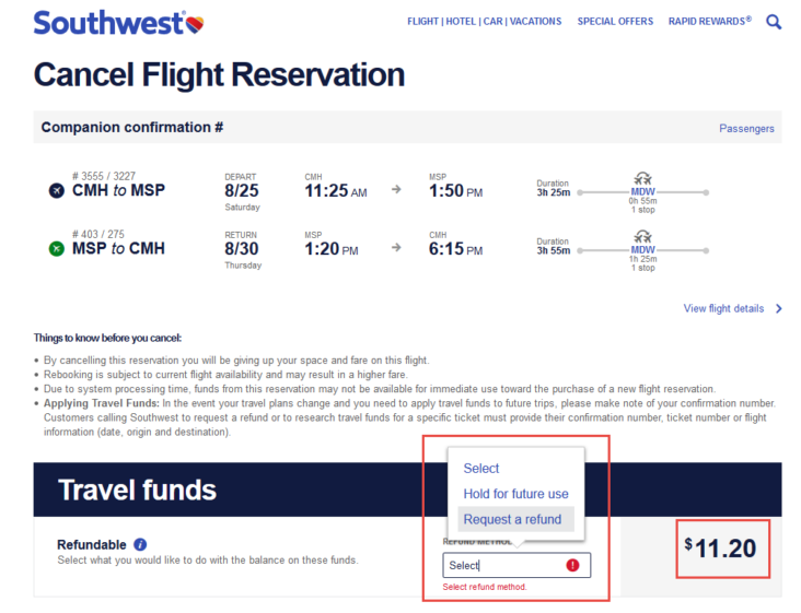 Southwest cancel flight reservation