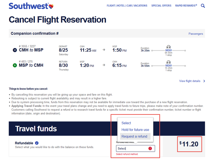 Southwest cancel flight reservation