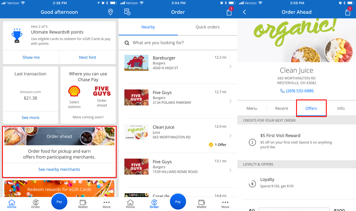 Chase Pay app ordering food