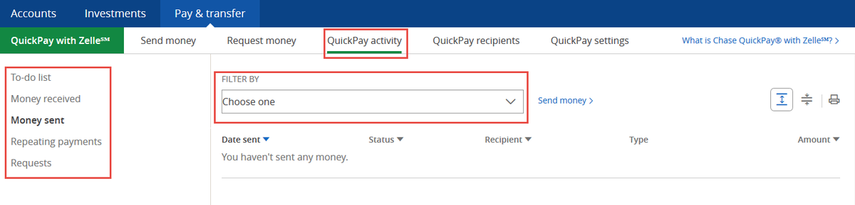 Chase QuickPay Activity