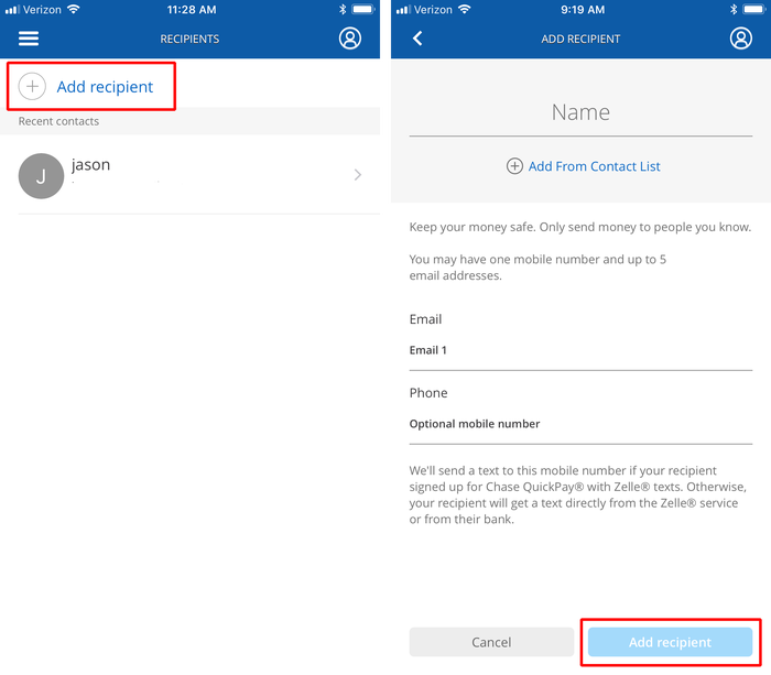 Chase QuickPay Manage Recipients