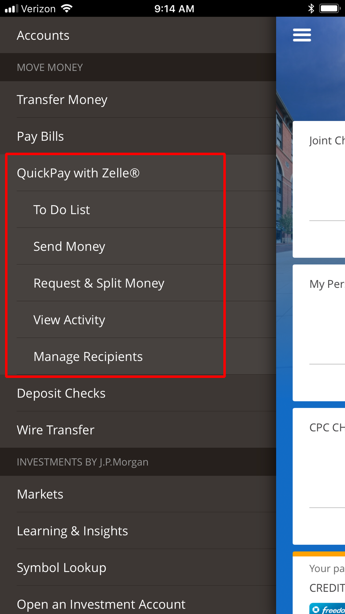 Chase QuickPay Mobile Menu