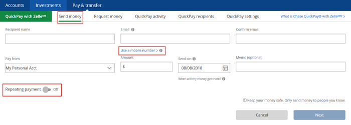 Chase QuickPay Sending Money