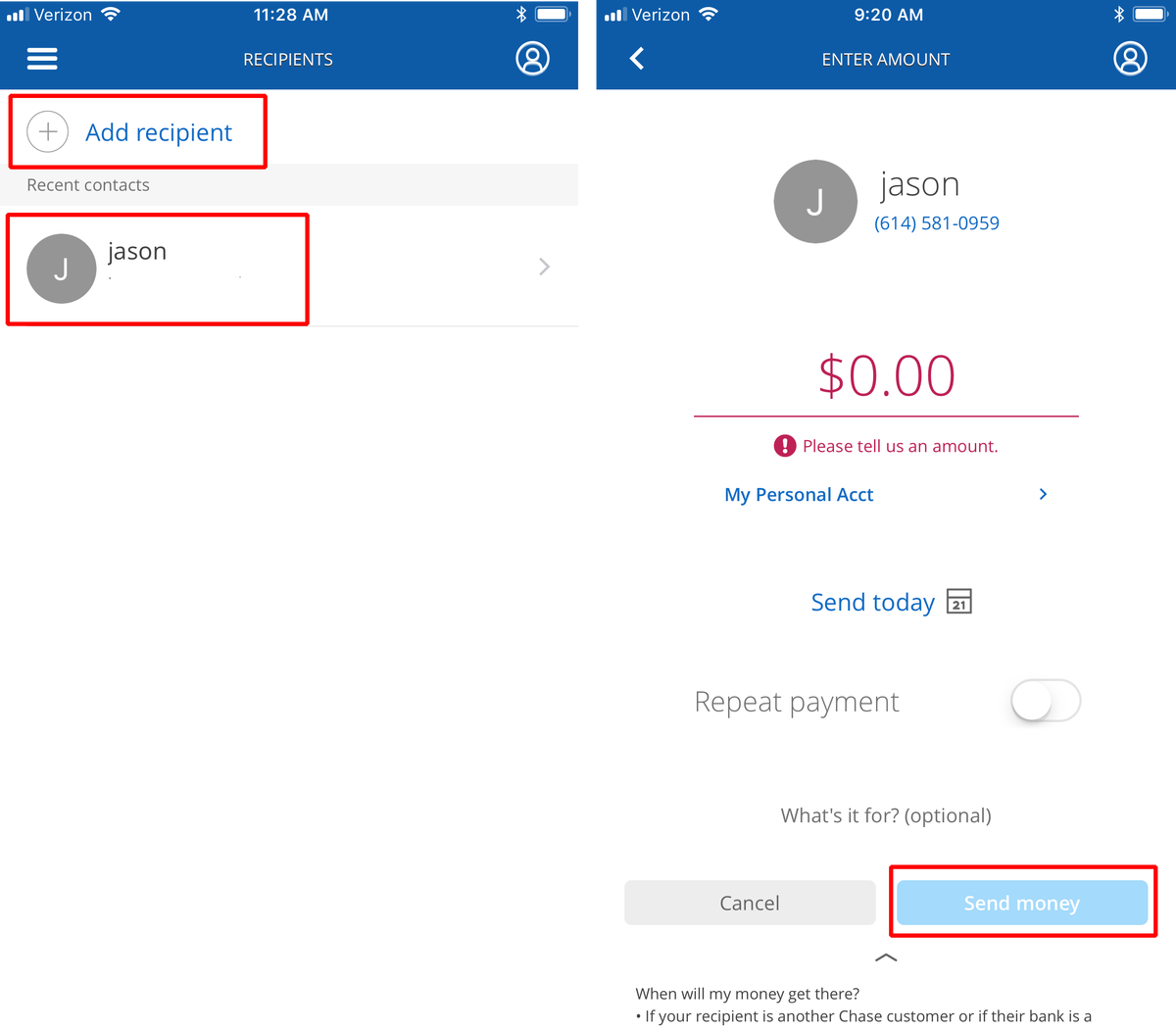 Sending Money With Chase QuickPay on mobile