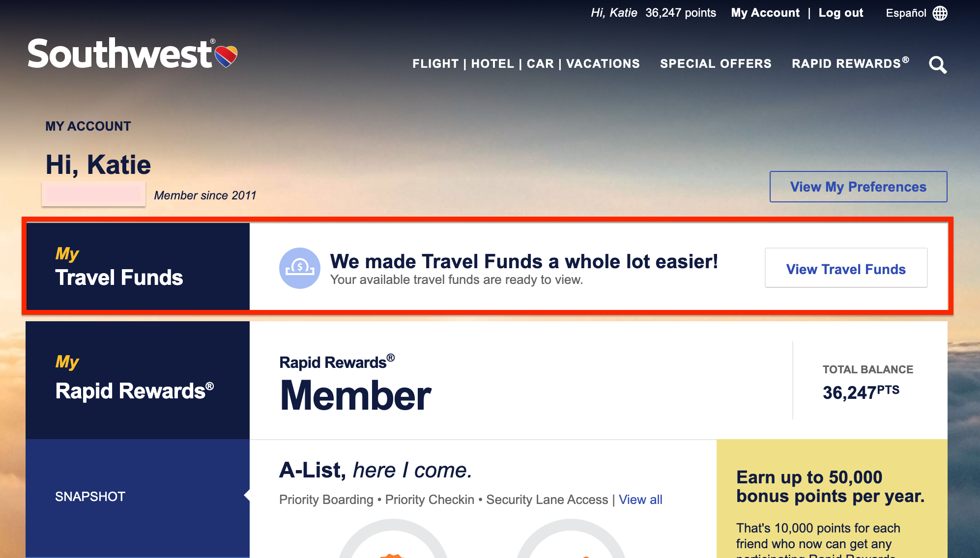 southwest use points and travel funds