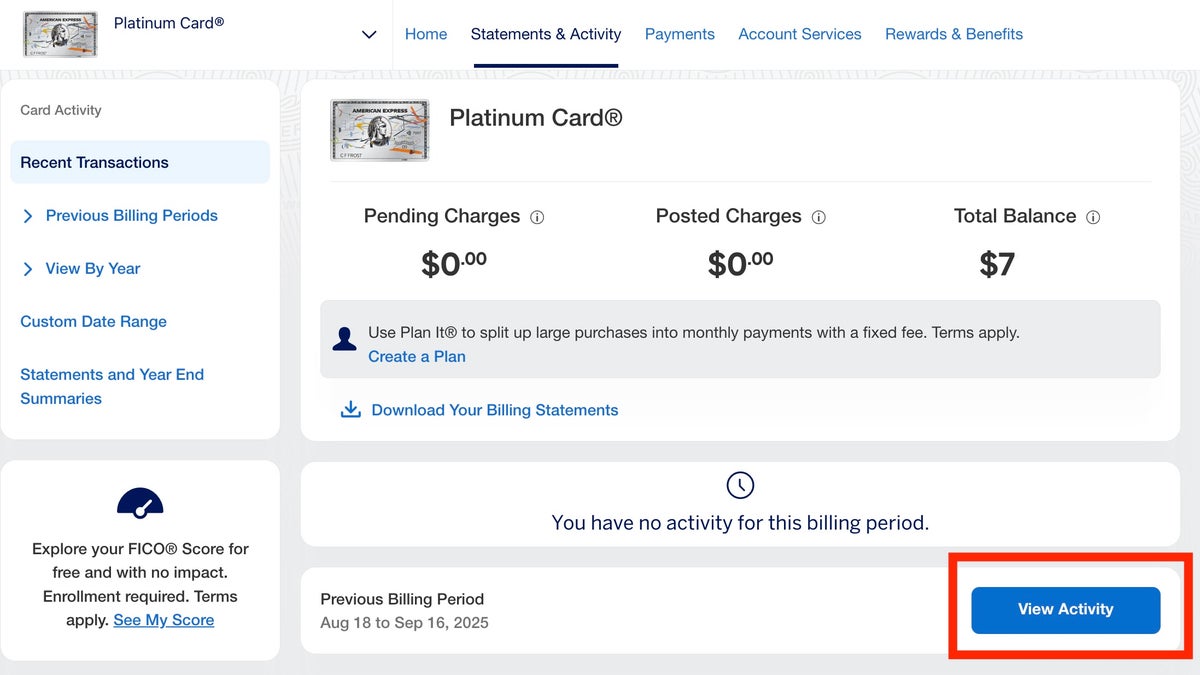 Amex recent transactions