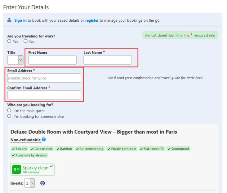 Booking.com room booking personal details