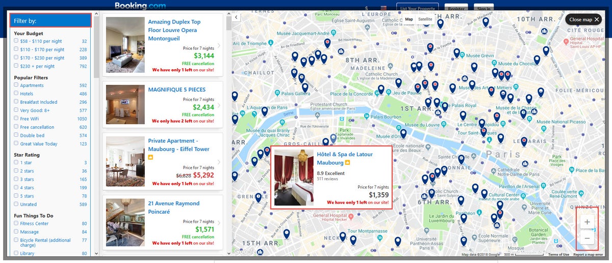 Booking.com Accomodation search - map view details