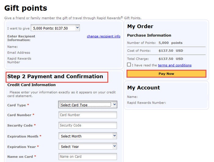How To buy Southwest points as a gift