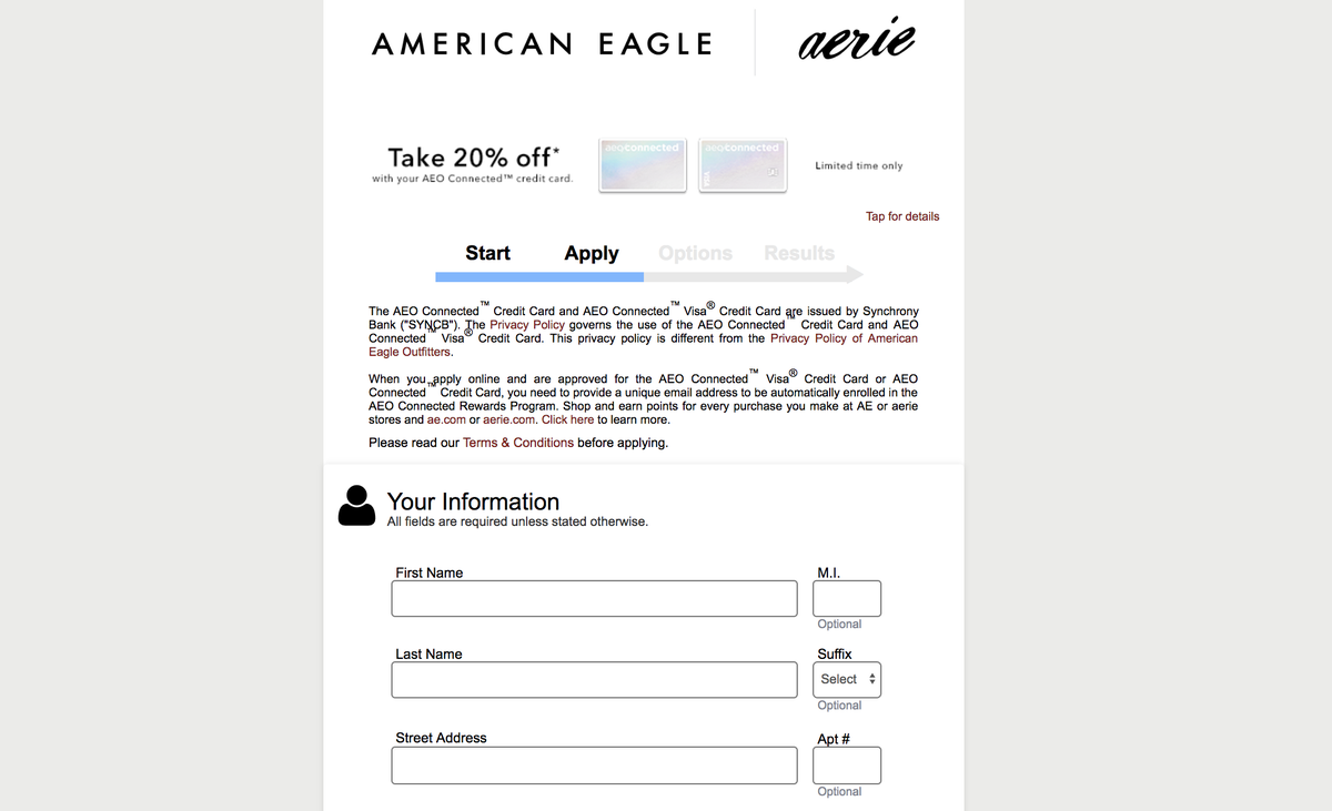 American Eagle Credit Card Application Page