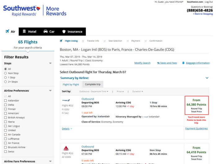 Southwest More Rewards Flights
