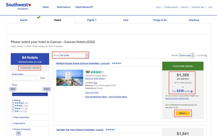 Southwest Vacations Hotel Search