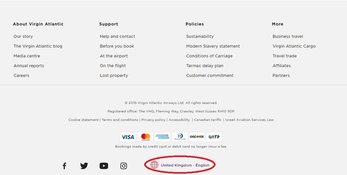Virgin Atlantic Region Change