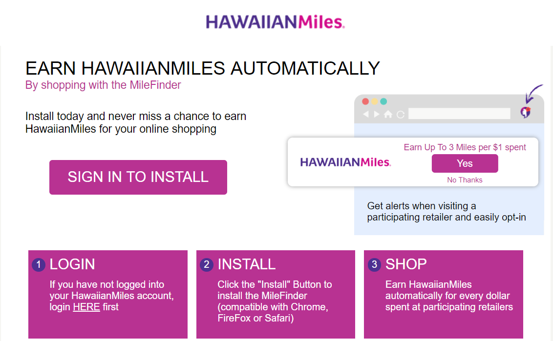 Hawaiian Miles Online Mall MileFinder Plugin