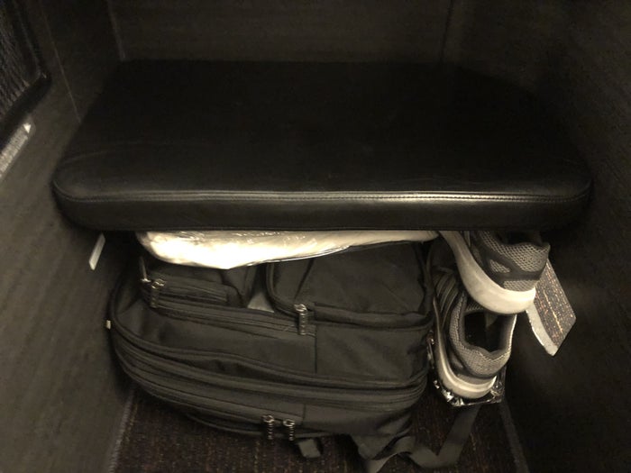JAL Business Class 777 Storage Space Under Bulkhead Ottoman