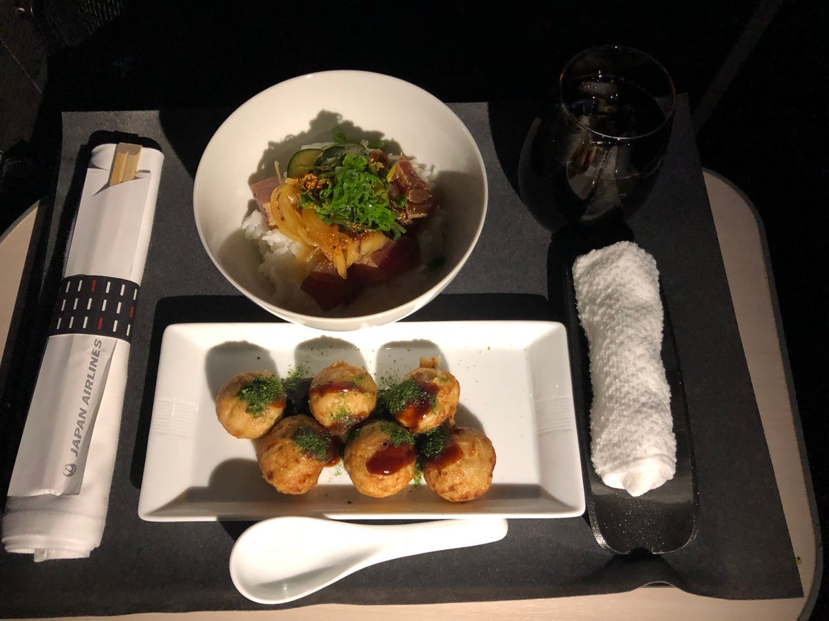 Takoyaki and Ahi Tuna Poke Salad Rice Bowl in Japan Airlines 777 Business Class