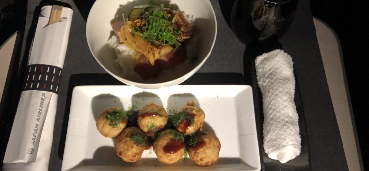 Japan Airlines 777 Business Class Takoyaki and Ahi Poke Salad Rice Bowl