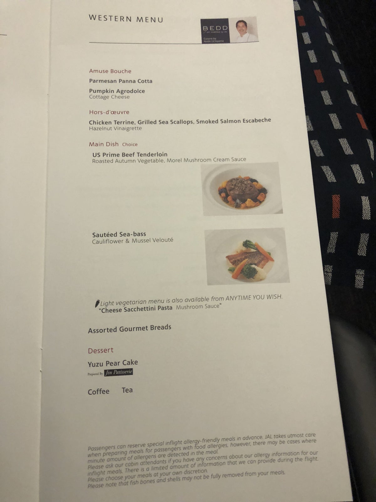 Japan Airlines 777 Business Class Western Cuisine Menu
