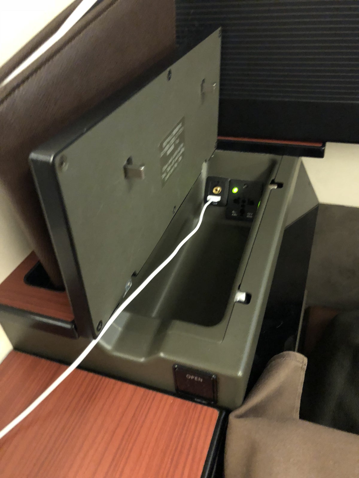 Japan Airlines 777 First Class USB Charging Port and Power Outlet