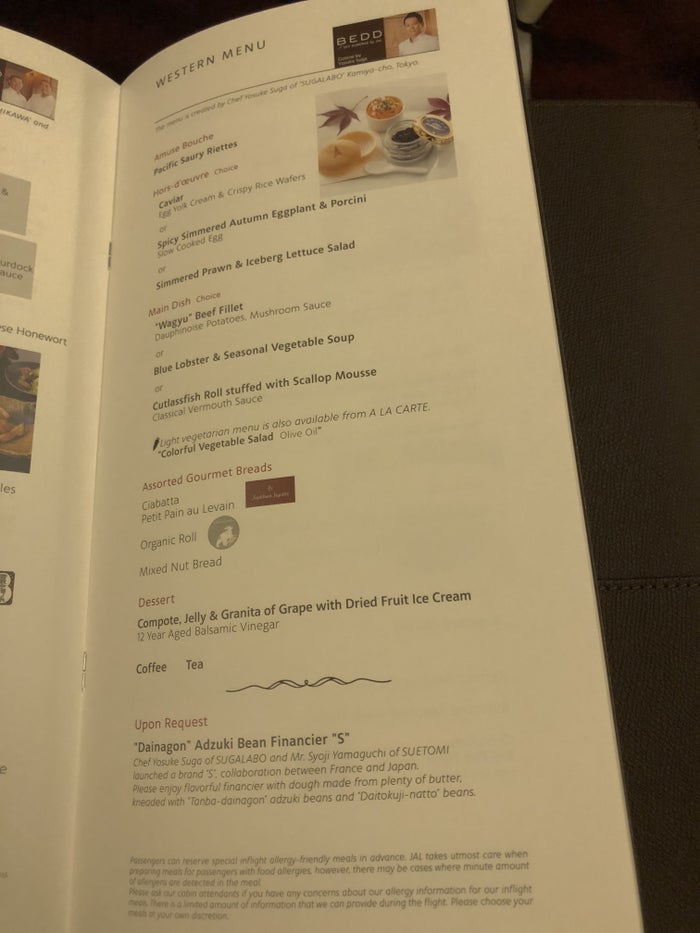 Japan Airlines 777 First Class Western Menu