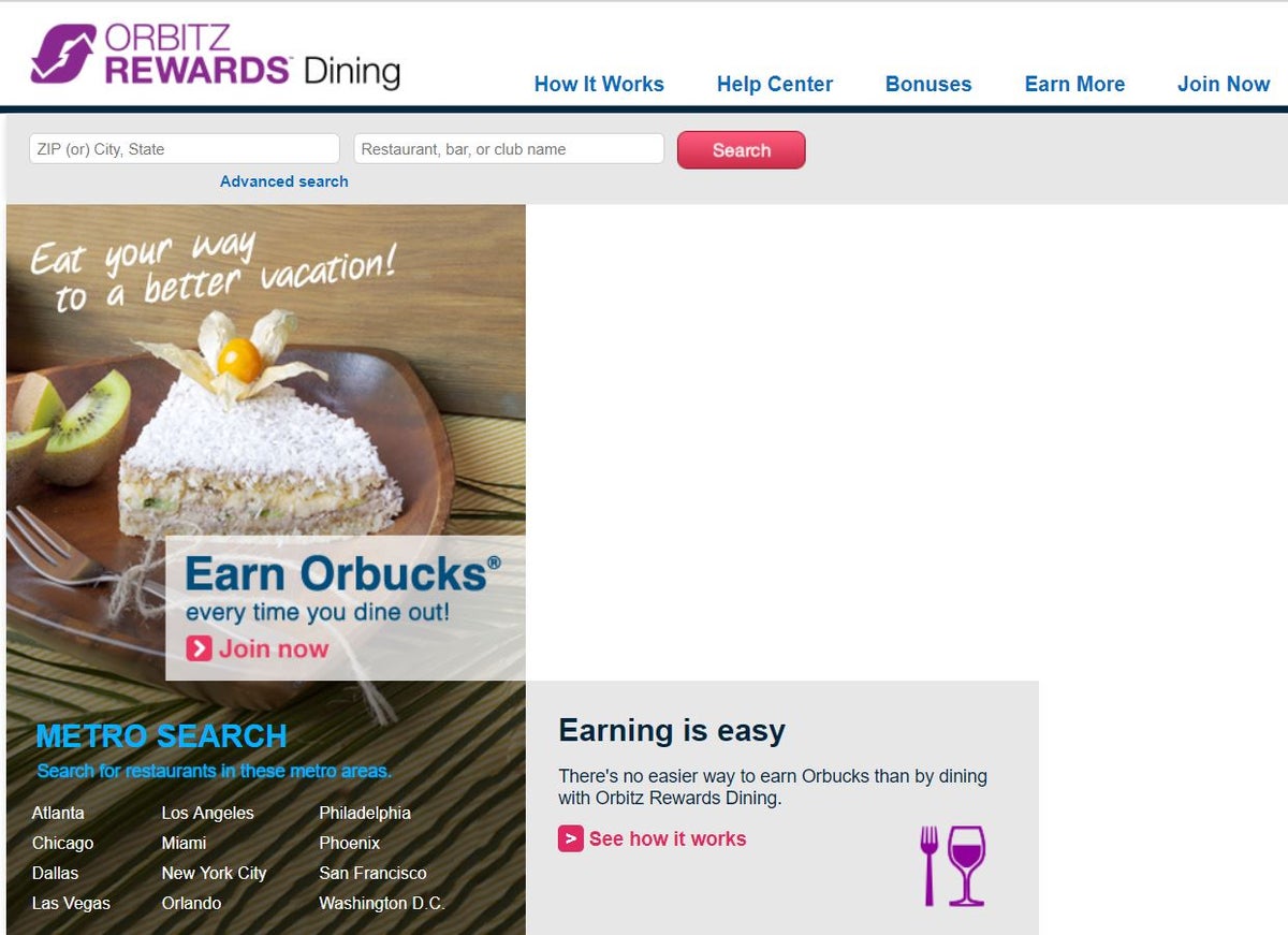 Orbitz Rewards Dining Homepage