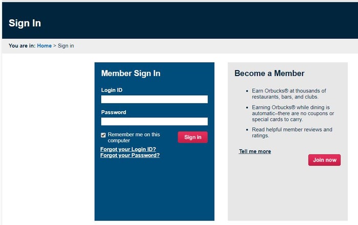 Orbitz Rewards Dining Log in