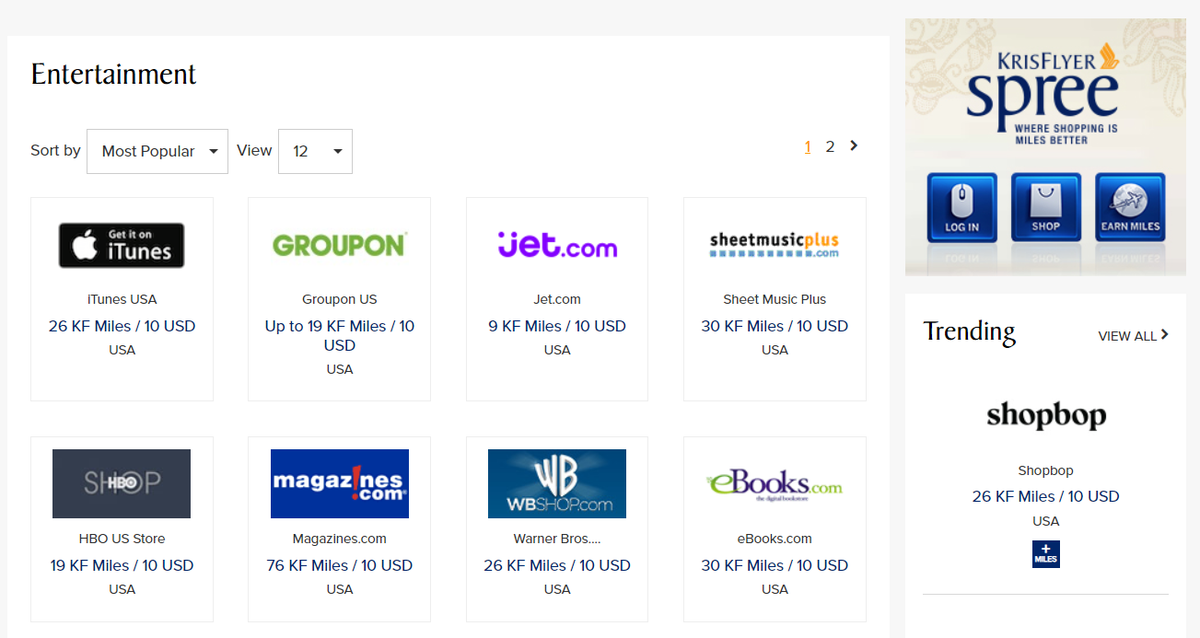 Singapore Airlines KrisFlyer Spree Shopping Portal Categories