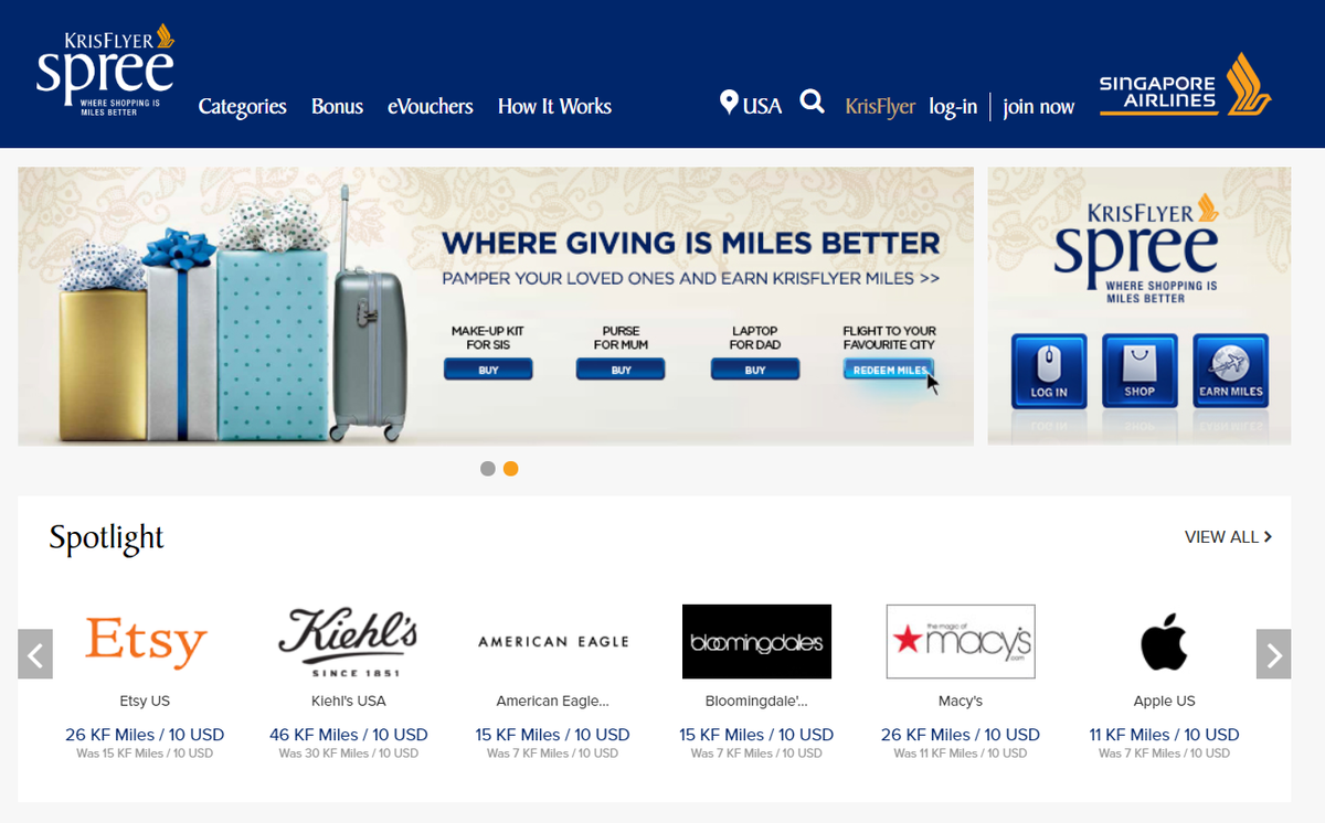 Singapore Airlines KrisFlyer Spree Shopping Portal Homepage Offers