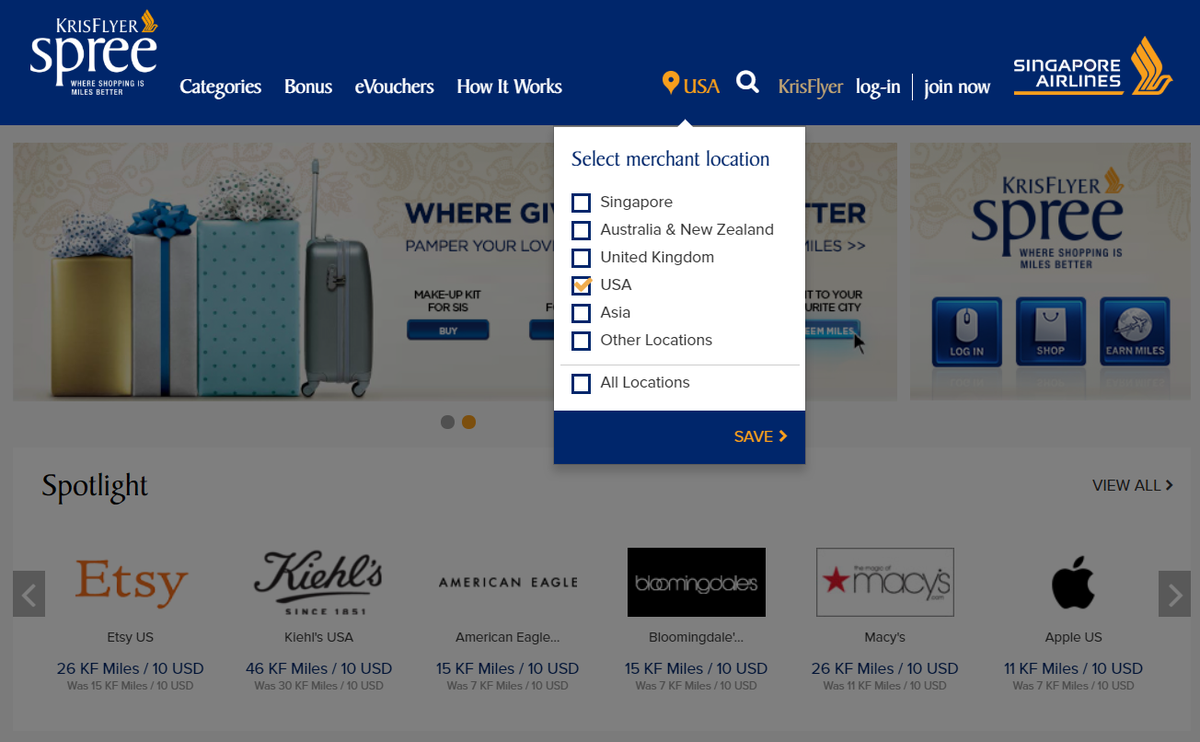 Singapore Airlines KrisFlyer Spree Shopping Portal Homepage