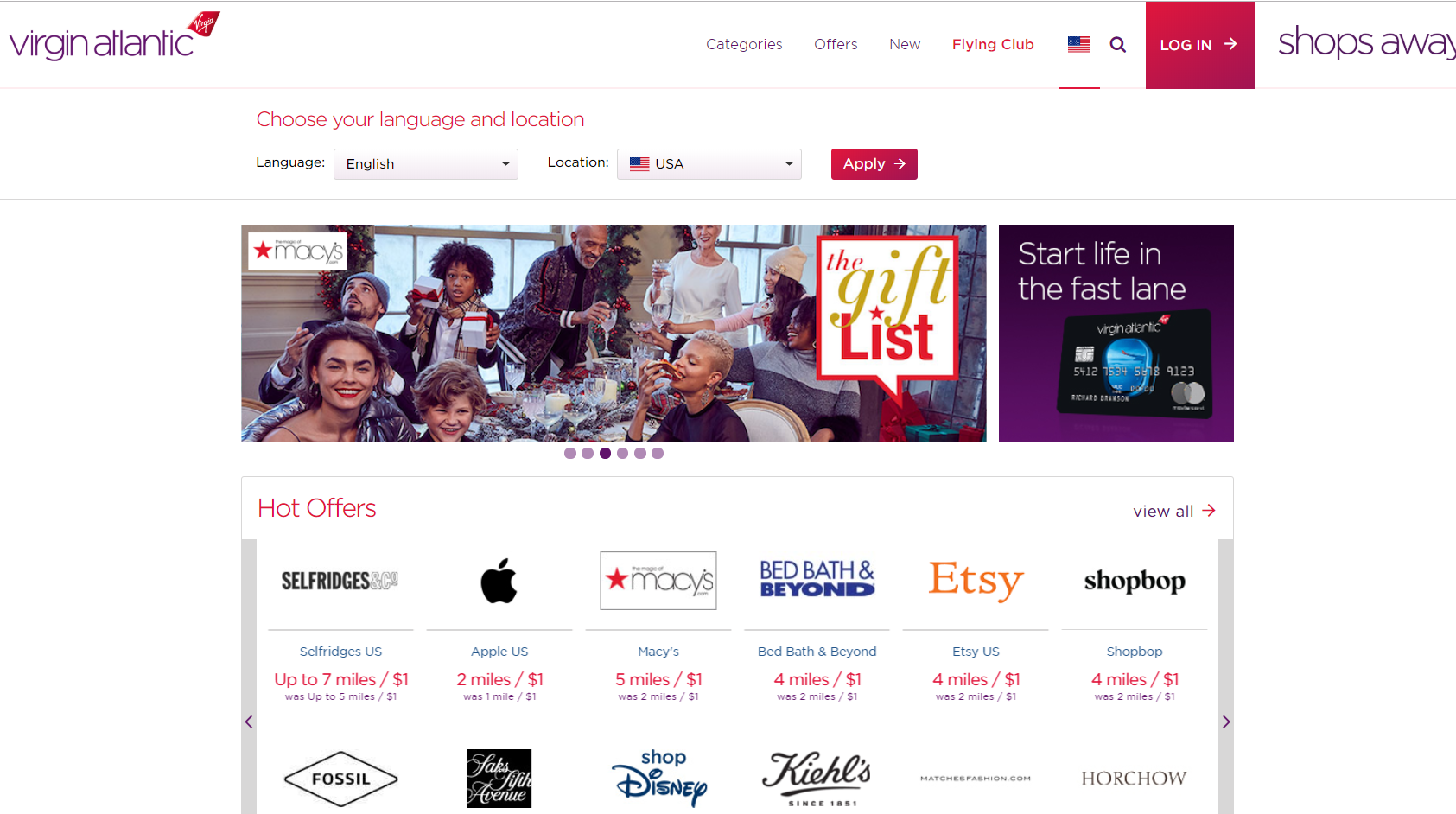 Virgin Atlantic Shops Away Shopping Portal Homepage