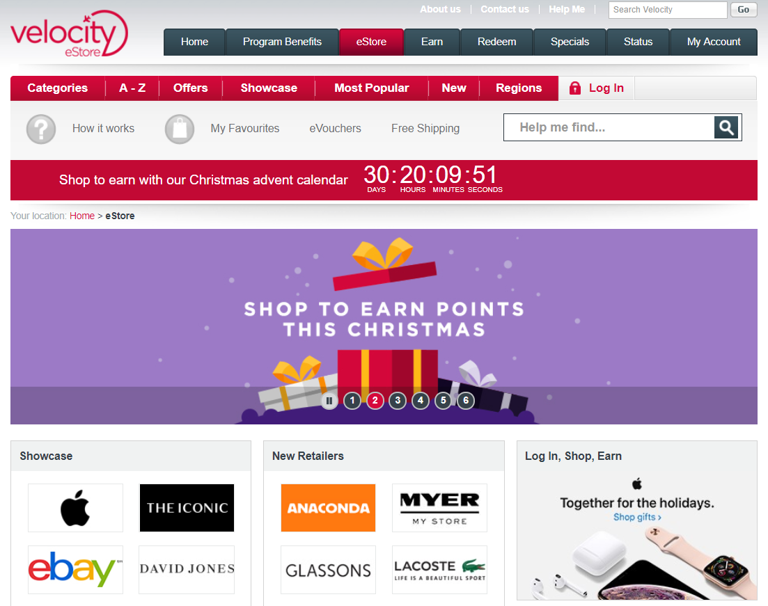 Virgin Australia Velocity eStore Shopping Portal Homepage