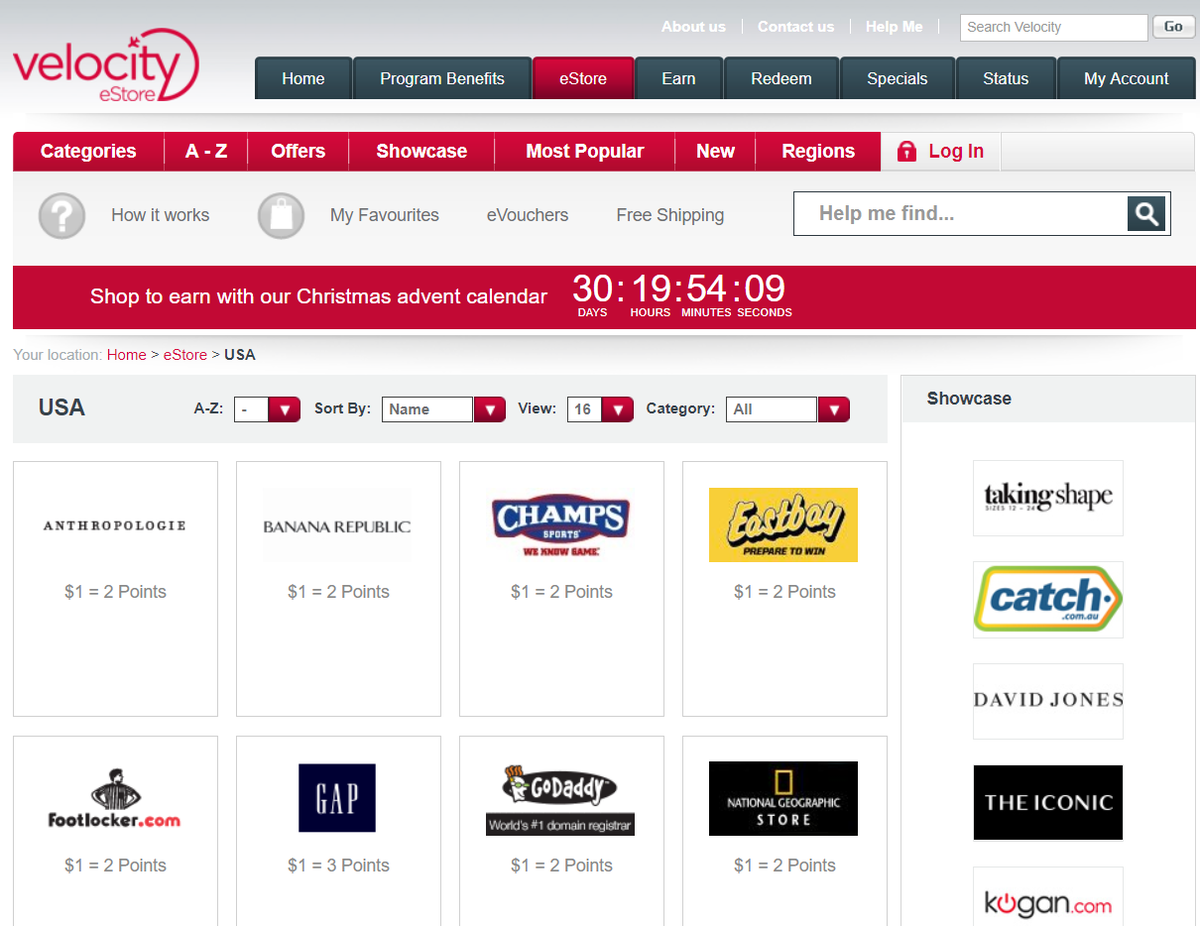Virgin Australia Velocity eStore Shopping Portal Region