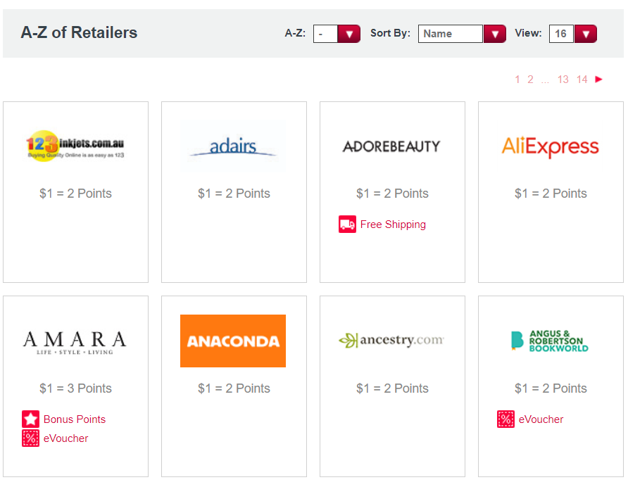 Virgin Australia Velocity eStore Shopping Portal Retailer Results