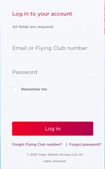 Virgin Atlantic Flying Club Login Screen