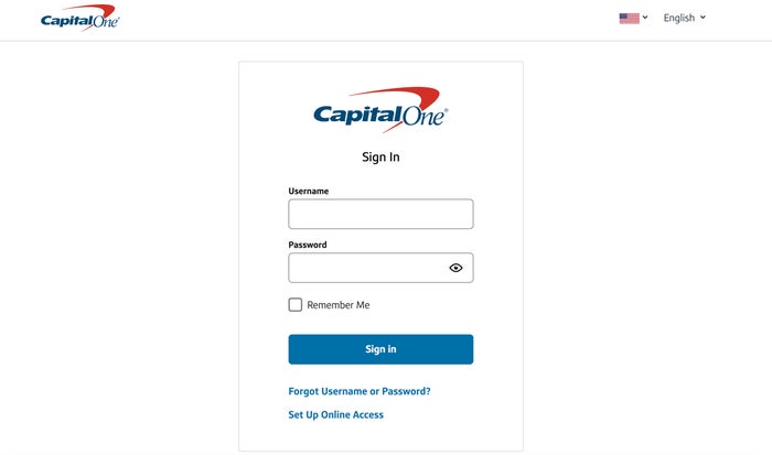 Capital One Log-In Screen Capital One login screen