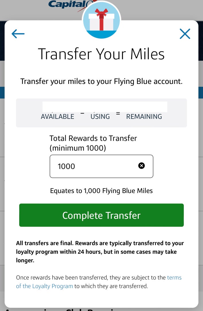 Capital One miles transfer step