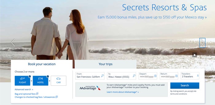 AA Vacation Package Search AA vacation package homepage